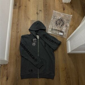 Chrome Hearts Charcoal Gray Zip Hoodie with Silver Hardware